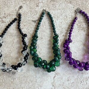 Lot of 3 Vintage Black & Clear, Green & Purple Lucite Bead Choker Necklaces